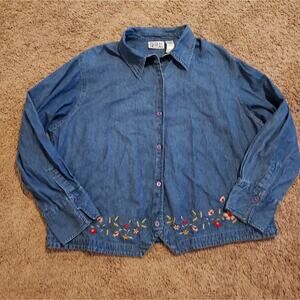 Bill Blass Vintage 100% Cotton Denim Button Up Floral Embroidery Shirt 2x